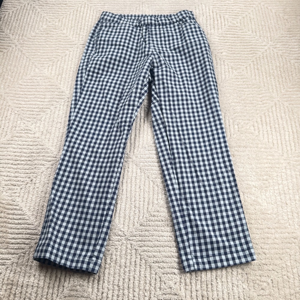Lands End Gingham Ankle Pants Womens 2 Blue Stretch Preppy Coastal Picnic Resort
